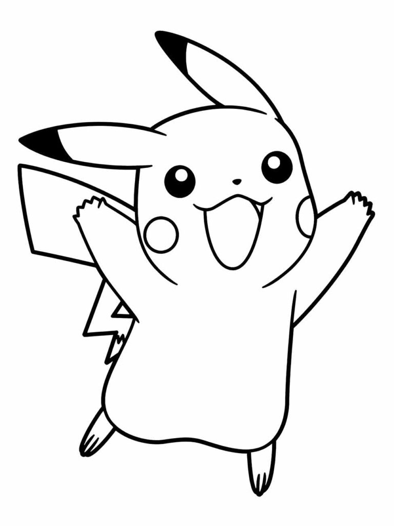 Desenho para colorir de um Pikachu saltitante e sorridente, com os braços abertos e as orelhas levantadas.