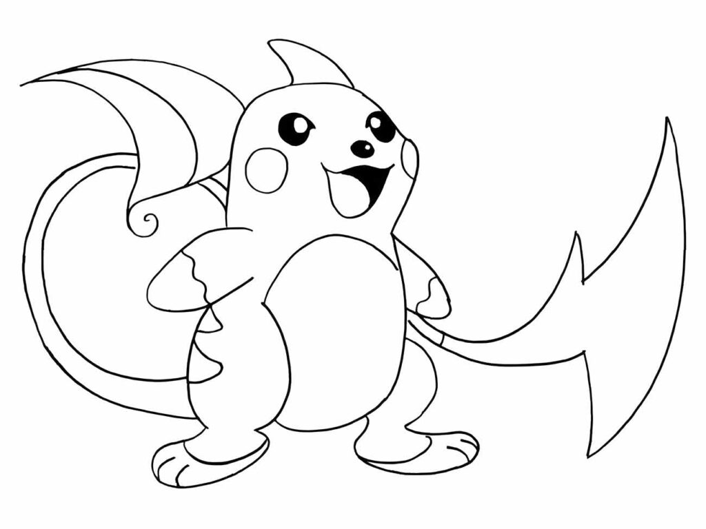 Desenho para colorir de Raichu alegre com cauda em forma de raio e orelhas curvadas.