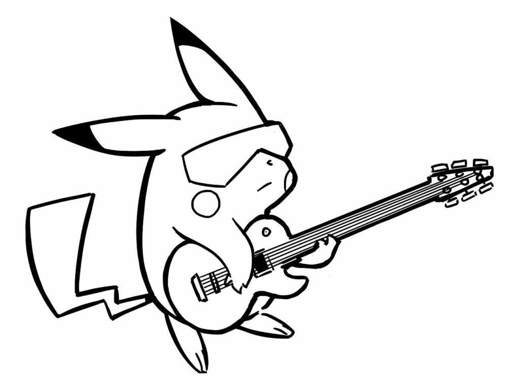 Desenho para colorir de Pikachu tocando uma guitarra elétrica.