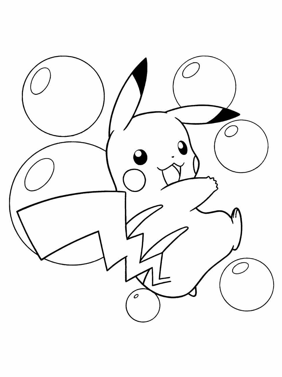 Desenho para colorir de Pikachu entre bolhas.