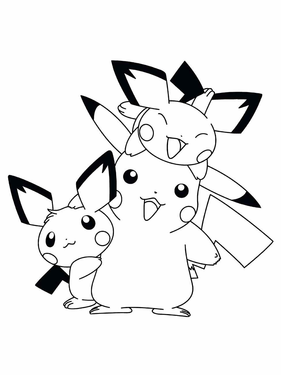 Desenho para colorir de Pikachu com um pequeno Pichu.