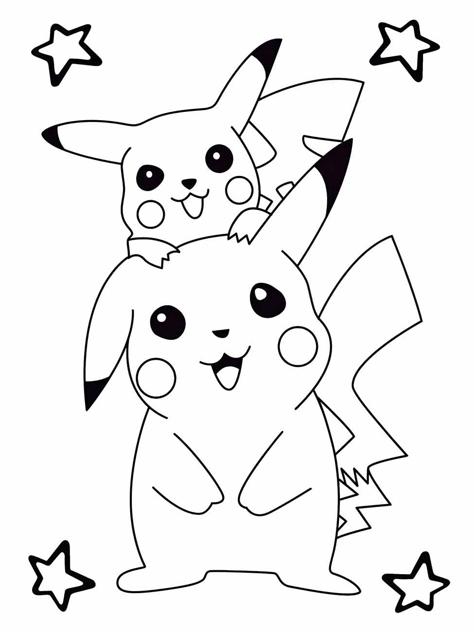 Desenho para colorir de dois Pikachus alegres, um menor nas costas do outro, cercados por estrelas.