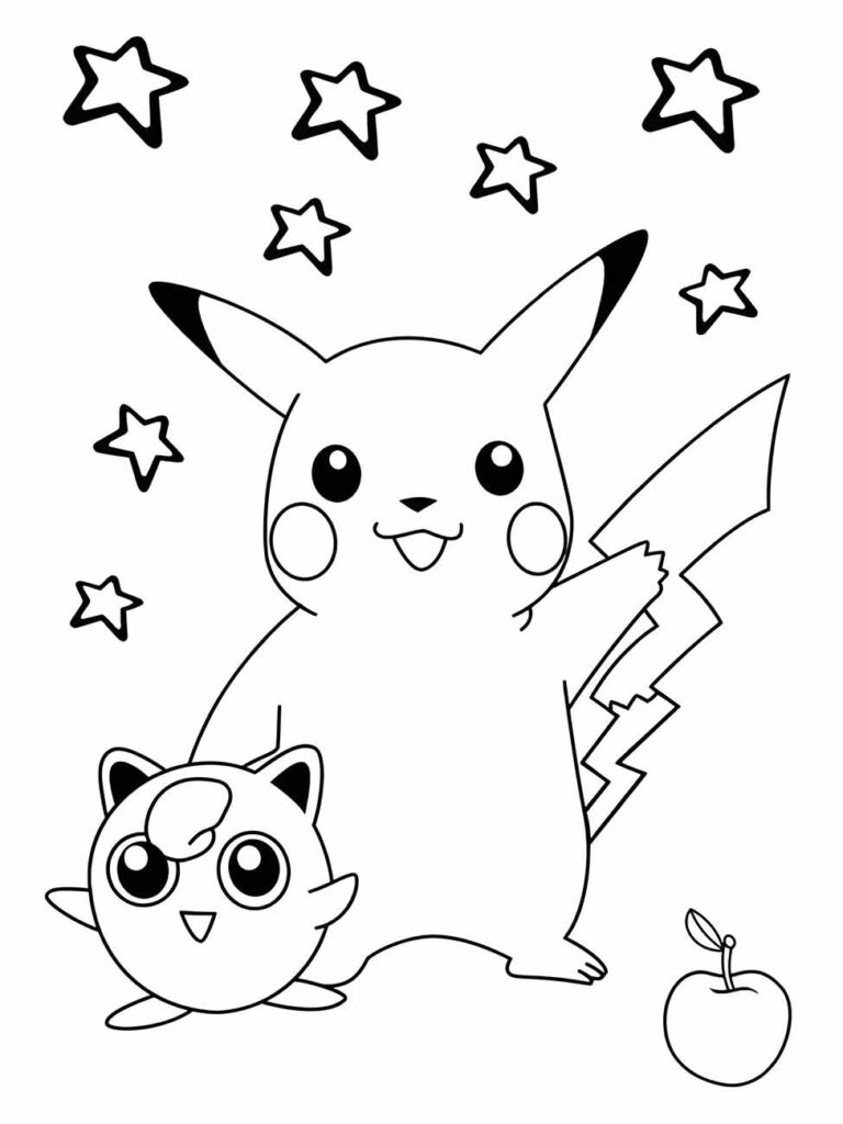 Desenho para colorir de Pikachu com uma maçã e um pequeno Jigglypuff, cercados por estrelas.