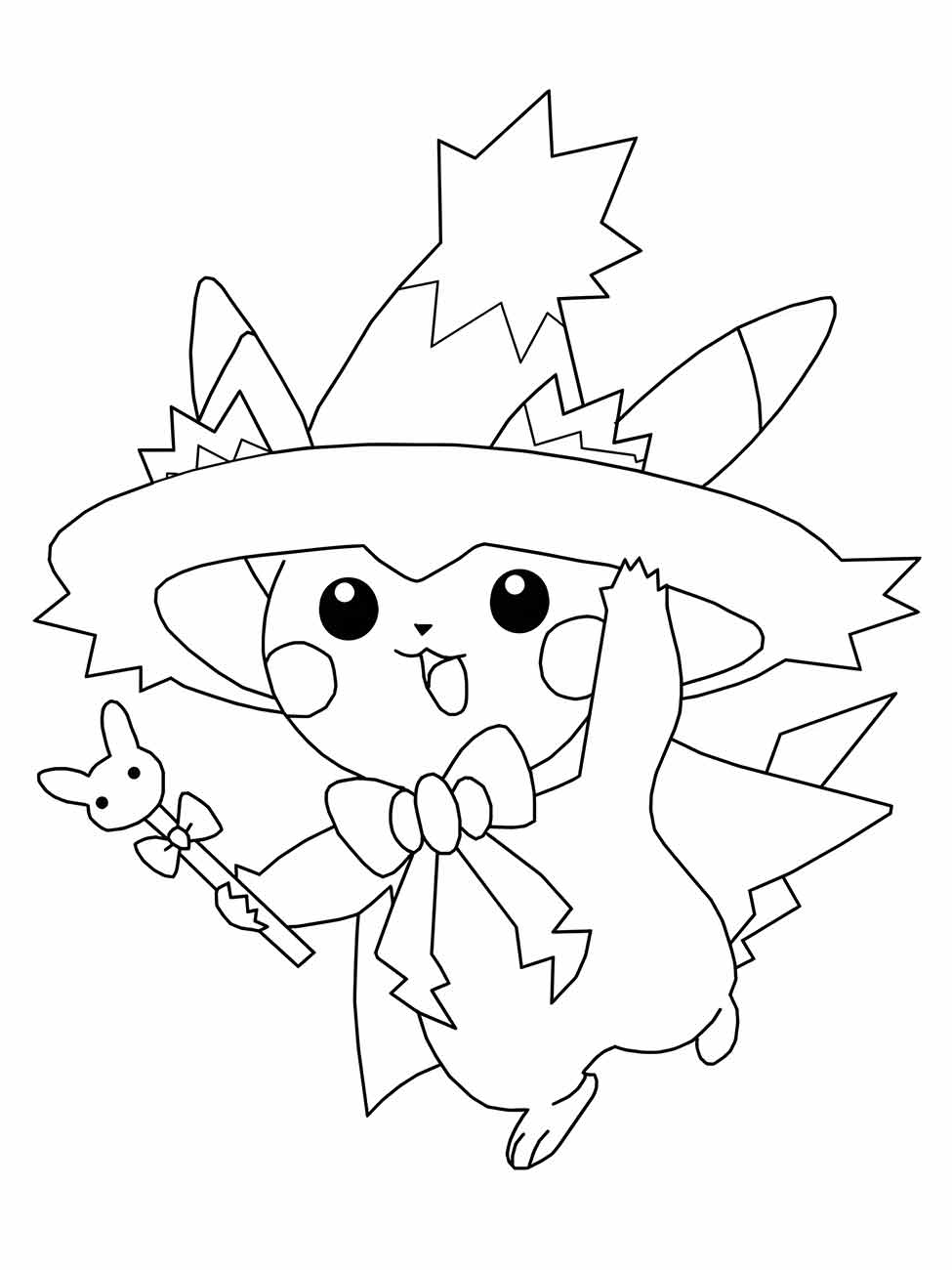 Desenho para colorir de Pikachu vestindo um chapéu de bruxa, segurando uma varinha com um pequeno Pichu no topo.