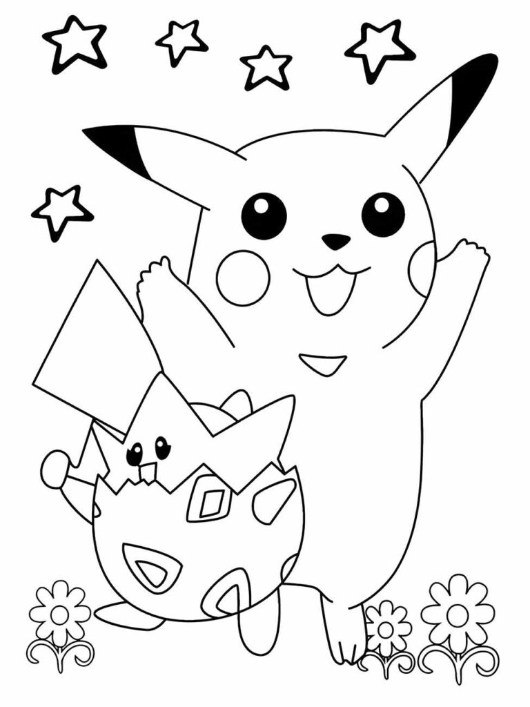 Desenho para colorir de Pikachu com um Togepi, ambos felizes sob um céu estrelado.