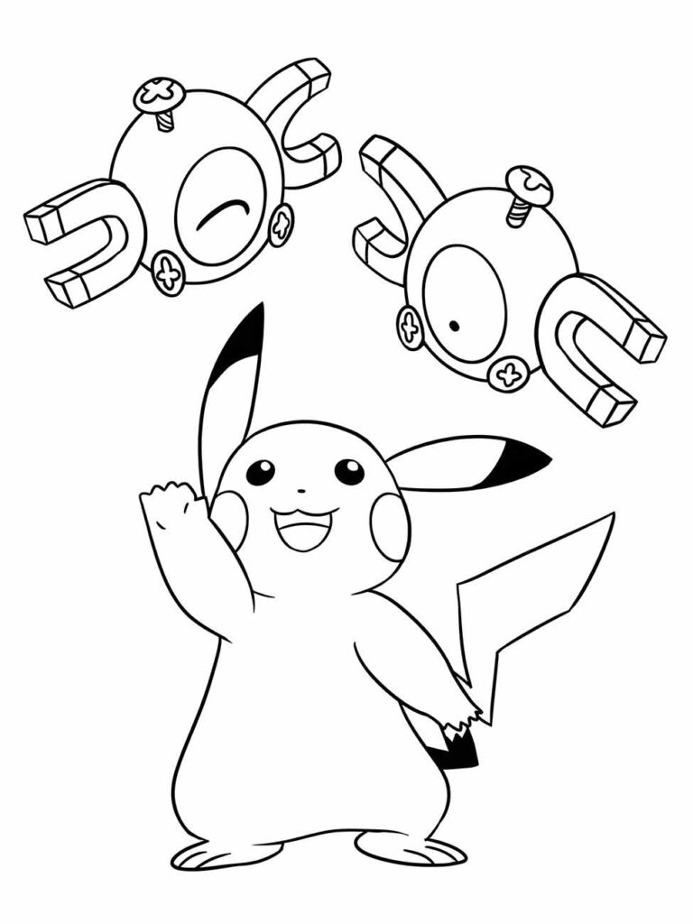 Desenho para colorir de Pikachu com dois Magnemites flutuando.