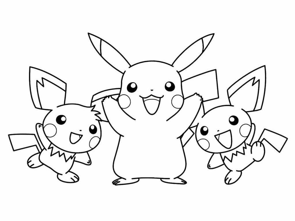 Desenho para colorir de Pikachu e dois Pichu em poses alegres e amigáveis.