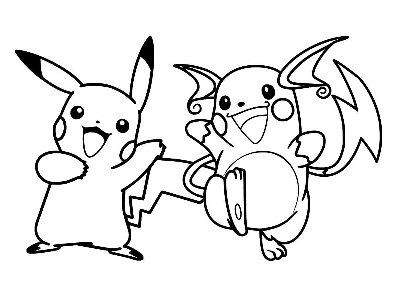 Desenho para colorir de Pikachu e Raichu celebrando.