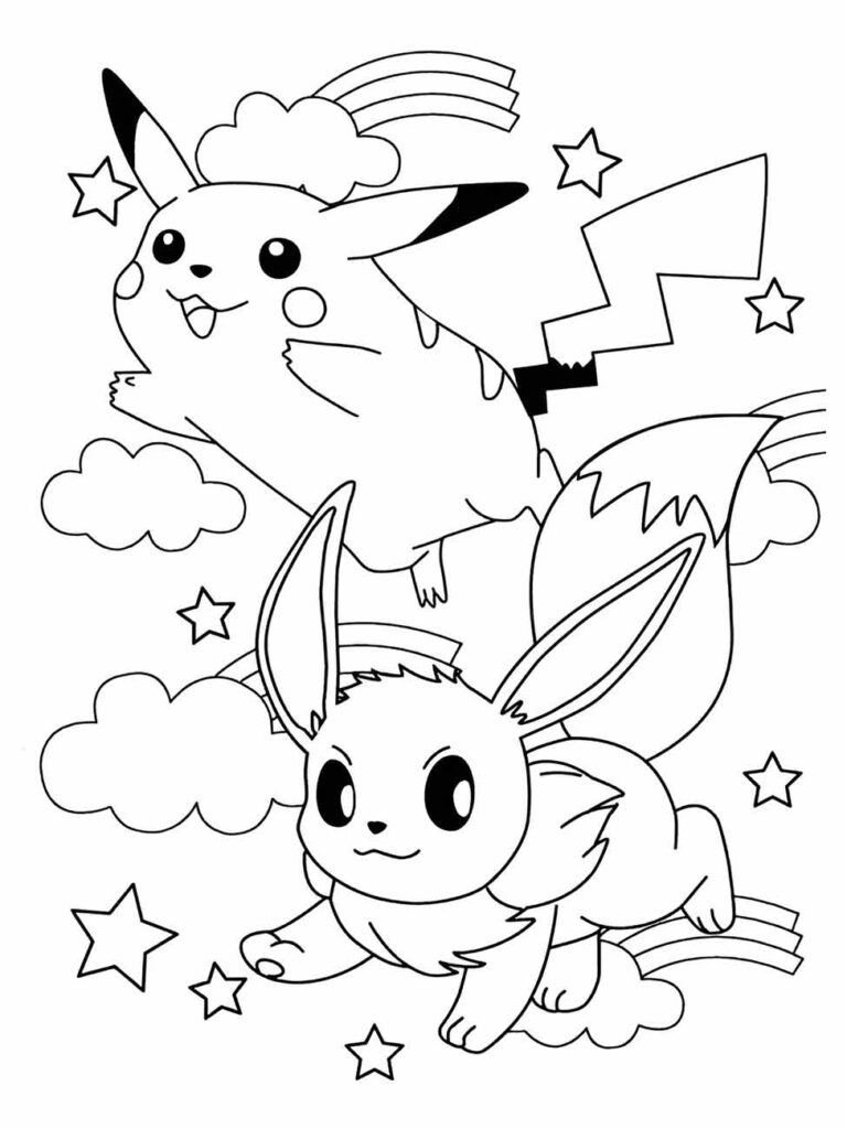 Desenho para colorir de Pikachu e Eevee entre nuvens e estrelas, ambos parecem estar em movimento.