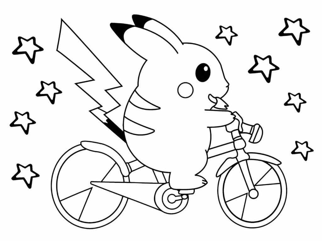 Desenho para colorir de Pikachu em uma bicicleta, cercado por estrelas, aparentemente desfrutando do passeio.