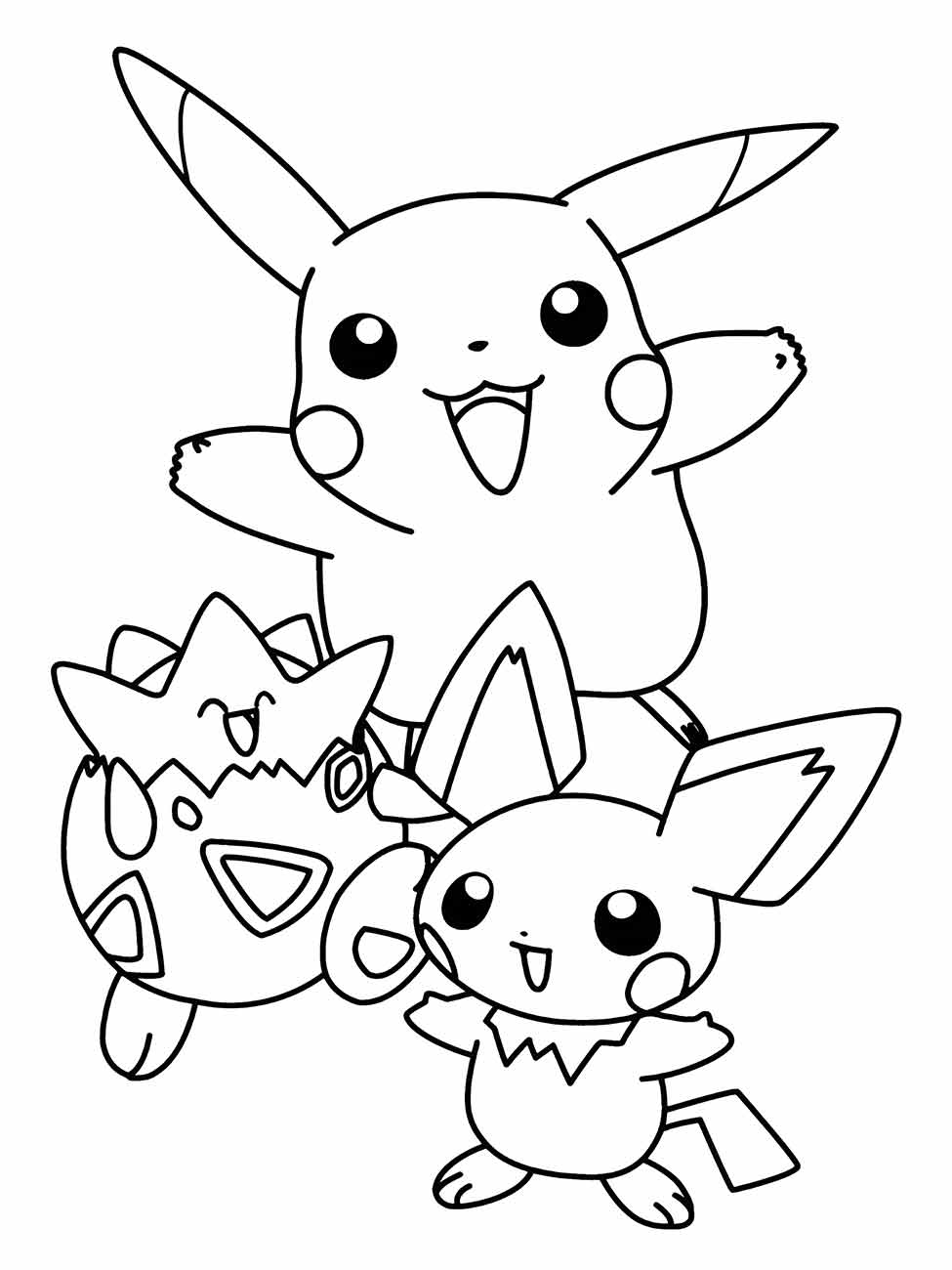 Desenho para colorir de Pikachu com os braços abertos, um Pichu sorridente à frente e um Togepi olhando para fora da casca.