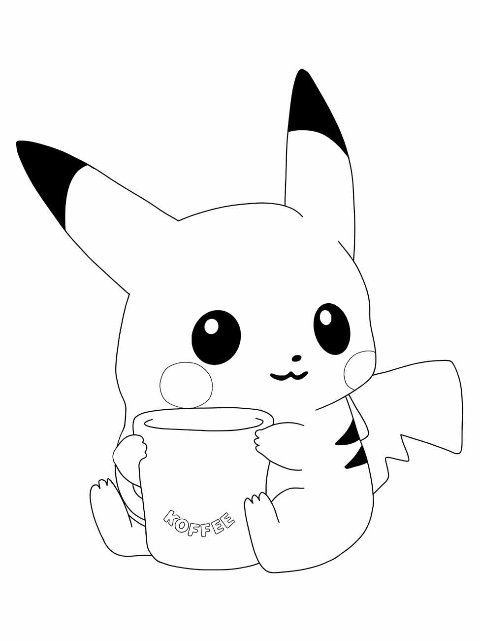 Desenho para colorir de Pikachu com um grande sorriso, segurando uma caneca marcada com "KOFFEE".