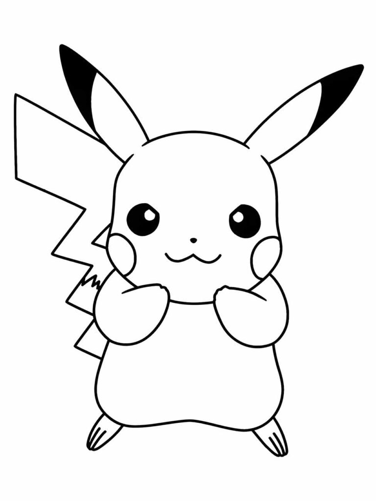 Desenho para colorir de um Pikachu sorridente com as mãos perto das bochechas e as orelhas para cima.