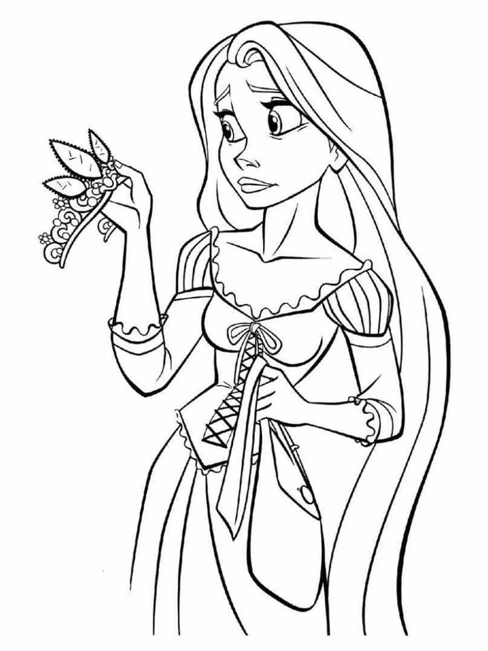 Desenho para colorir de Rapunzel segurando uma tiara.