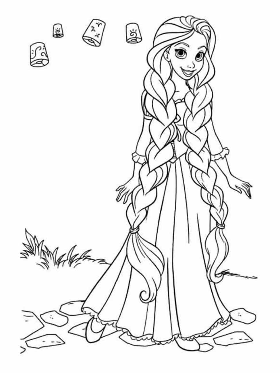 Desenho para colorir de Rapunzel com seu cabelo trançado e lanternas flutuantes ao redor.