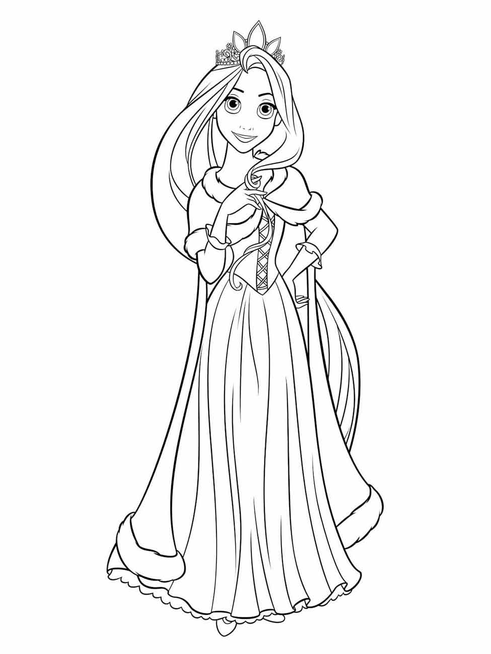 Desenho para colorir de Rapunzel em traje real com uma capa e tiara.