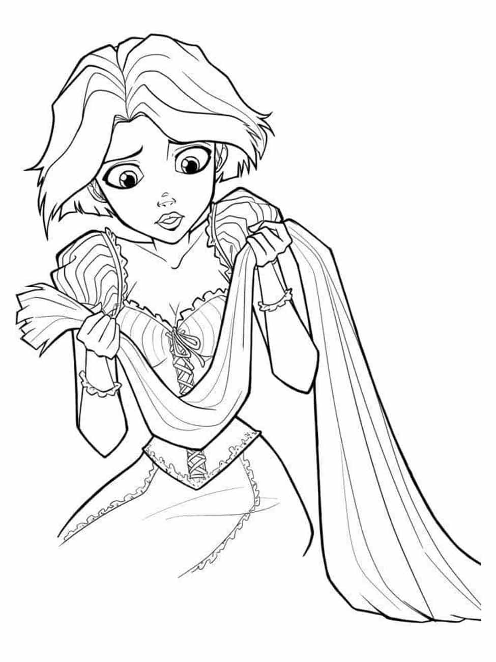 Desenho para colorir de Rapunzel surpresa, segurando seu cabelo cortado.