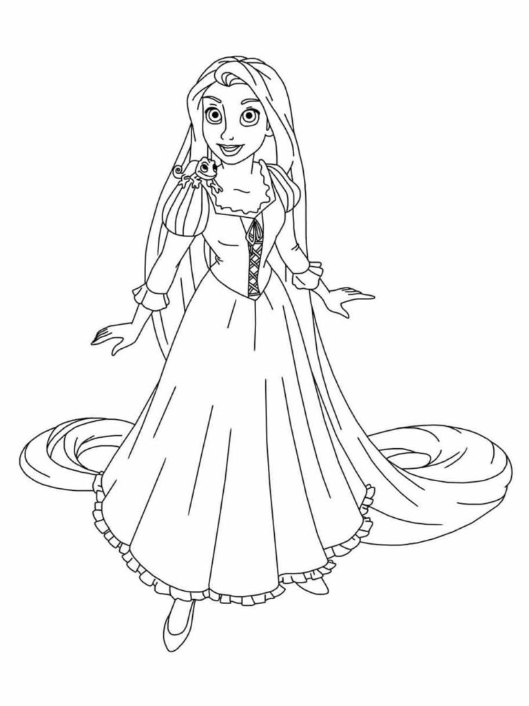 Desenho para colorir de Rapunzel com Pascal em seu ombro, sorrindo.