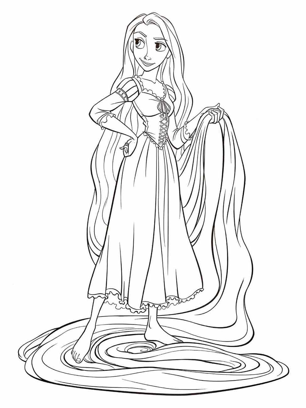 Desenho de Rapunzel para colorir mostrando-a de pé com seu cabelo longo ao redor.