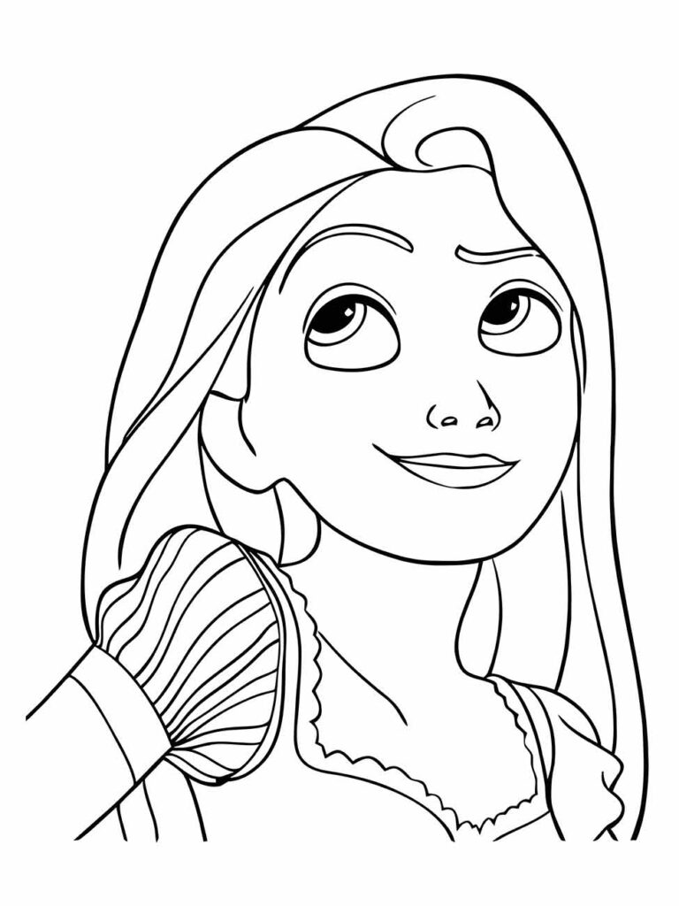 Desenho de Rapunzel para colorir com um retrato em close de seu rosto sorridente.