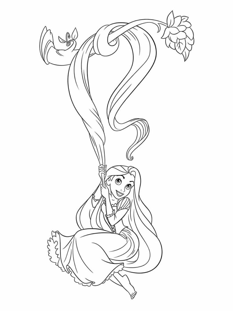 Desenho para colorir de Rapunzel balançando em seu cabelo.