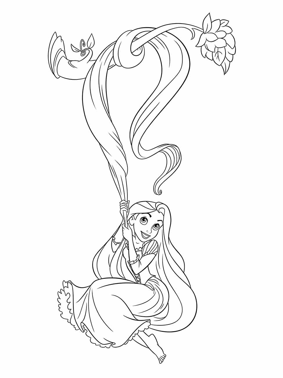 Desenho para colorir de Rapunzel balançando em seu cabelo.