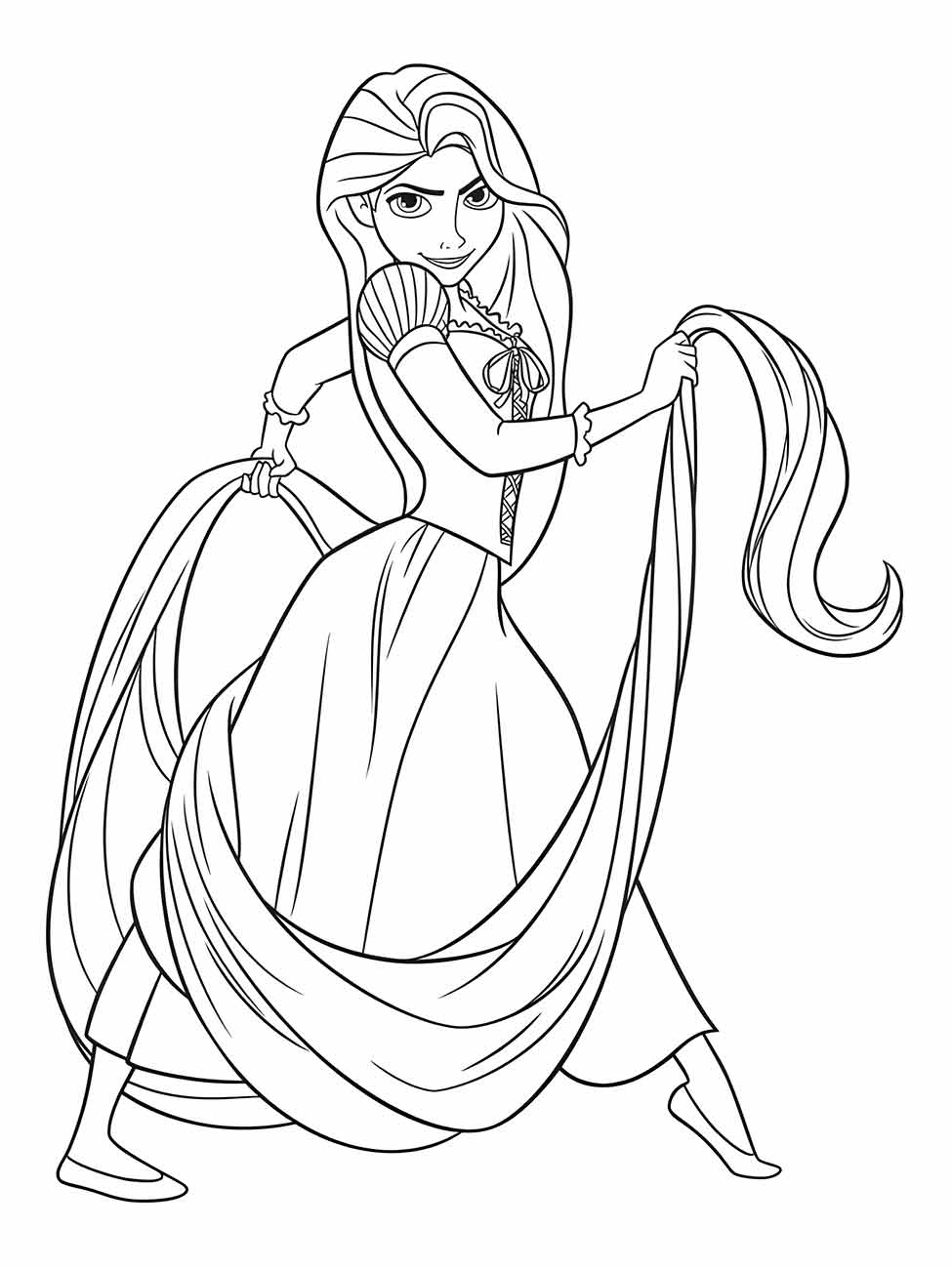 Desenho para colorir de Rapunzel segurando seu longo cabelo.