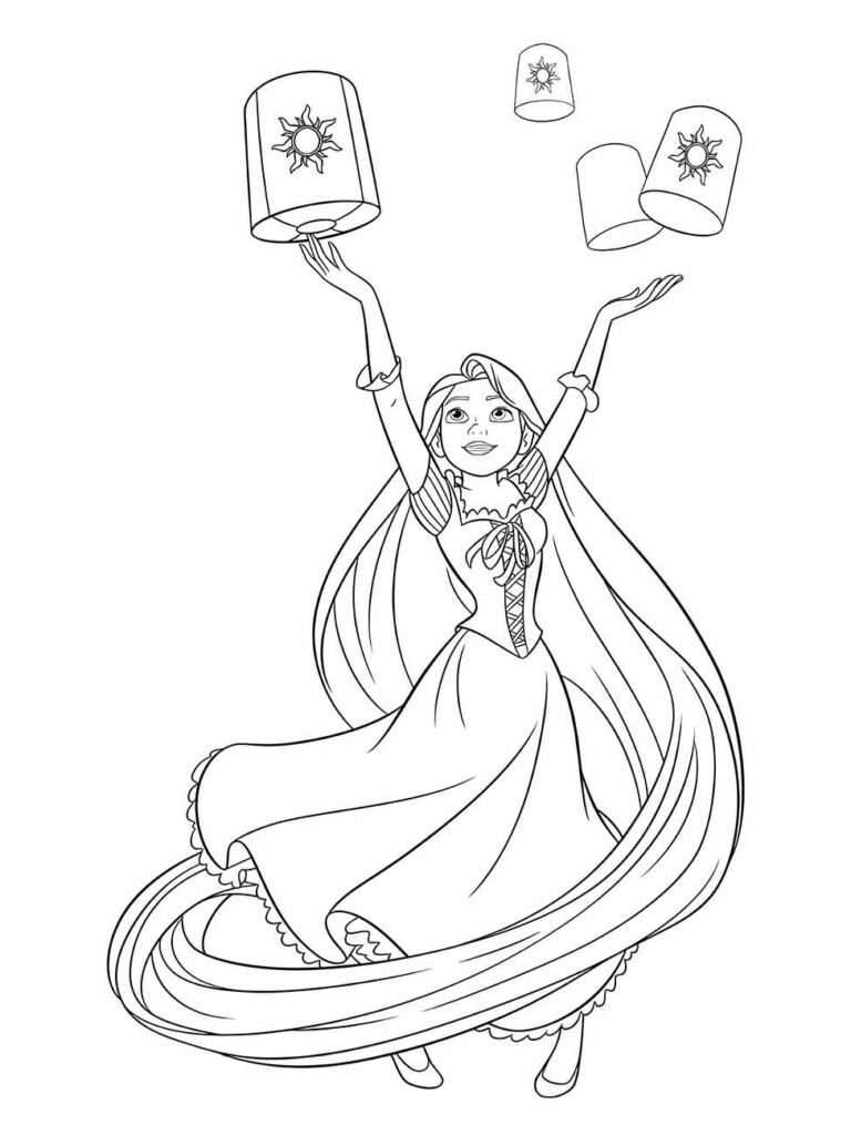 Desenho para colorir de Rapunzel feliz soltando lanternas flutuantes no céu.