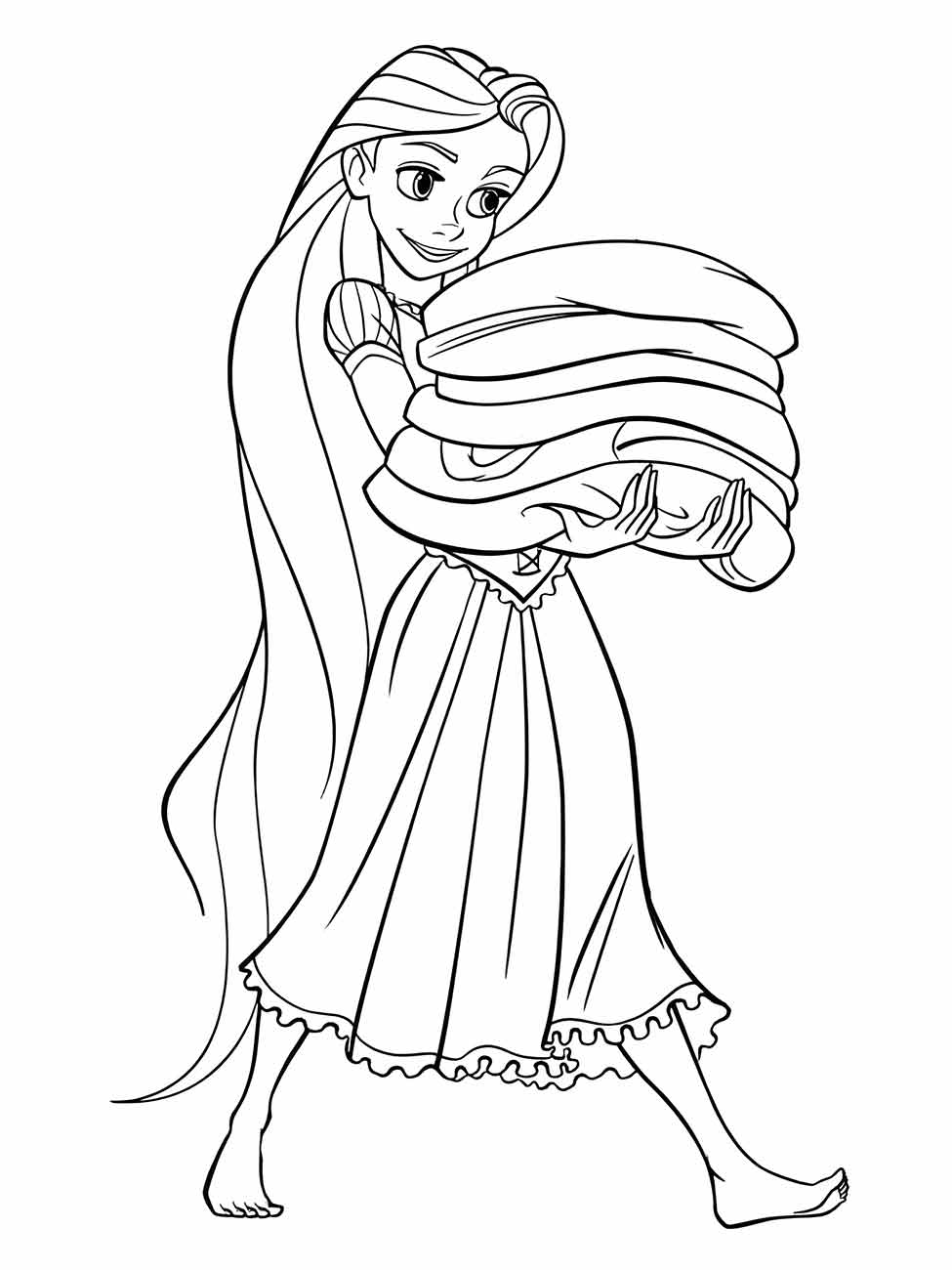 Desenho para colorir de Rapunzel segurando uma pilha de roupas.