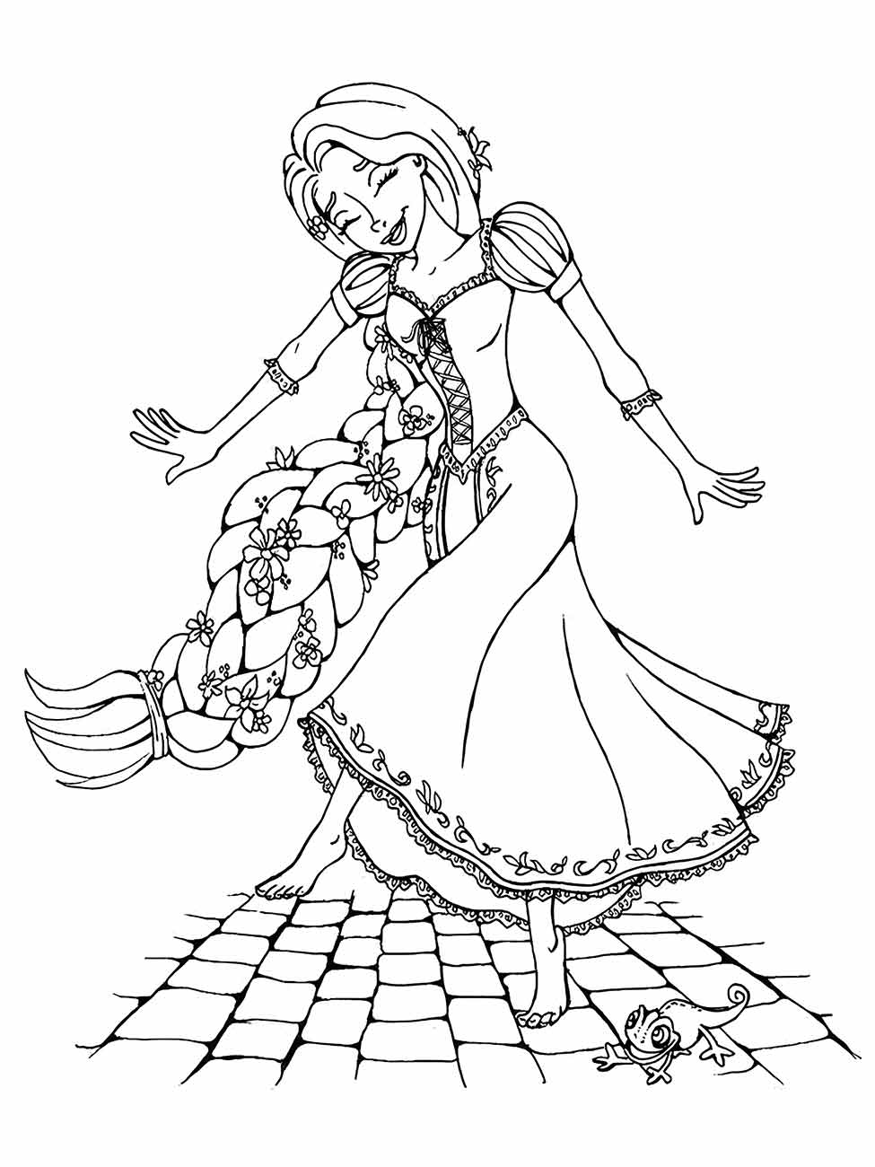 Desenho para colorir de Rapunzel dançando com flores em seu cabelo.