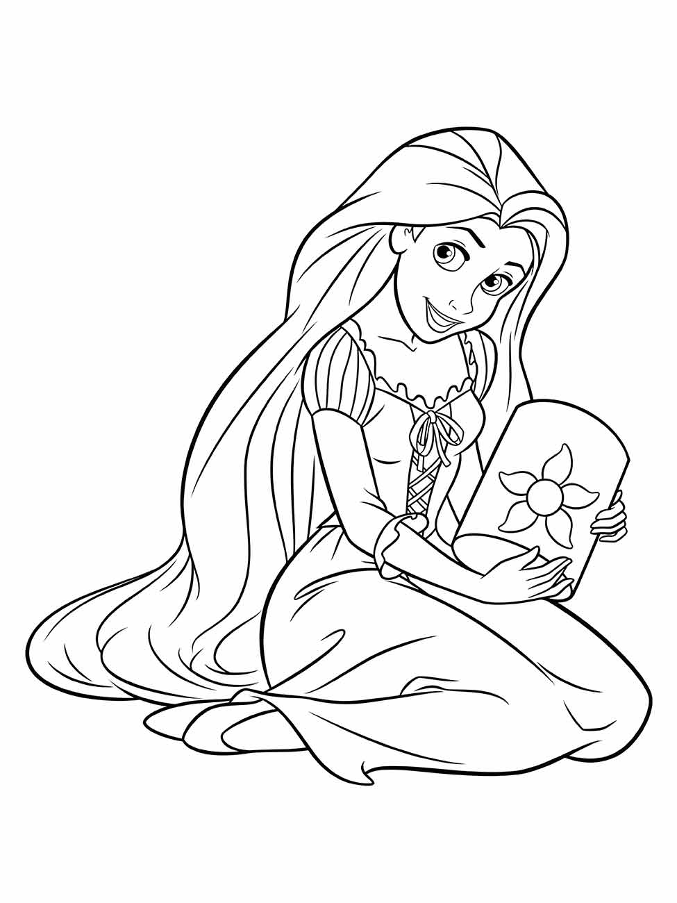 Desenho para colorir de Rapunzel sentada, segurando uma laterna decorativa.