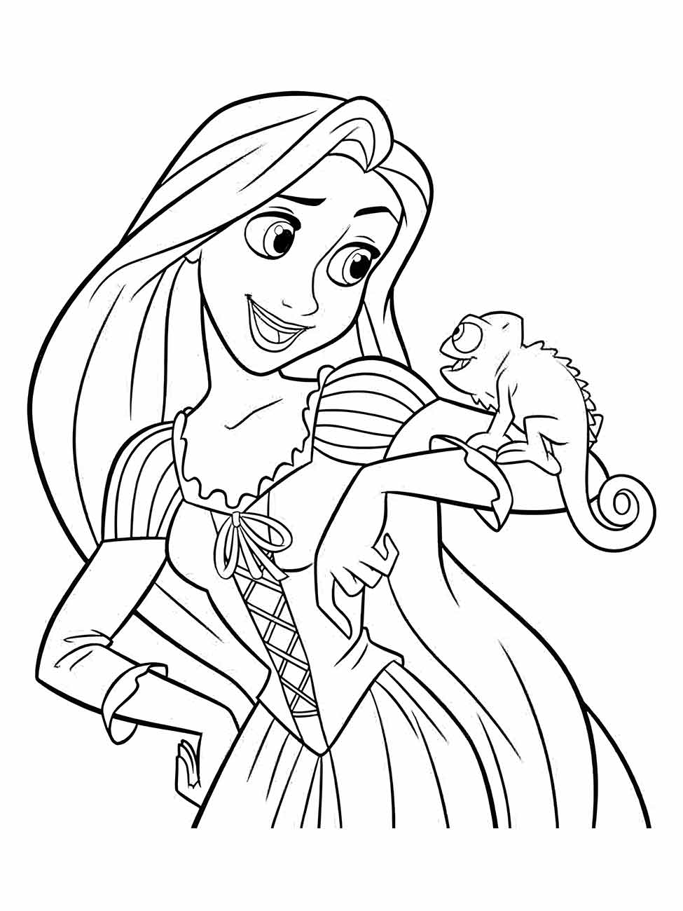 Desenho para colorir de Rapunzel sorrindo com Pascal em seu braço estendido.