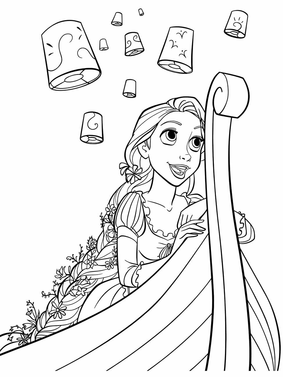 Desenho para colorir de Rapunzel olhando para lanternas flutuantes com um sorriso.