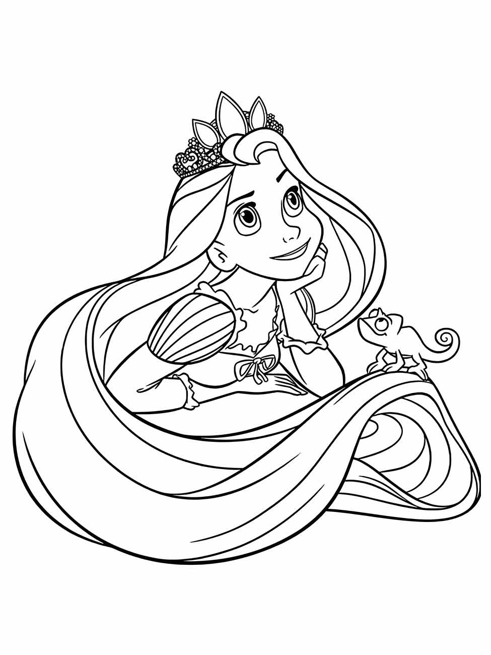 Desenho para colorir de Rapunzel com longos cabelos e uma tiara, acompanhada de um camaleão.