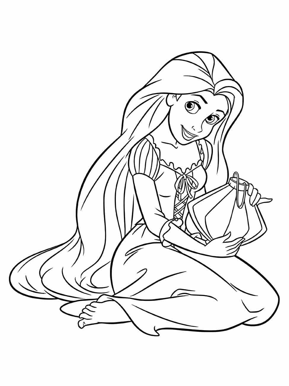 Desenho para colorir de Rapunzel sentada no chão.