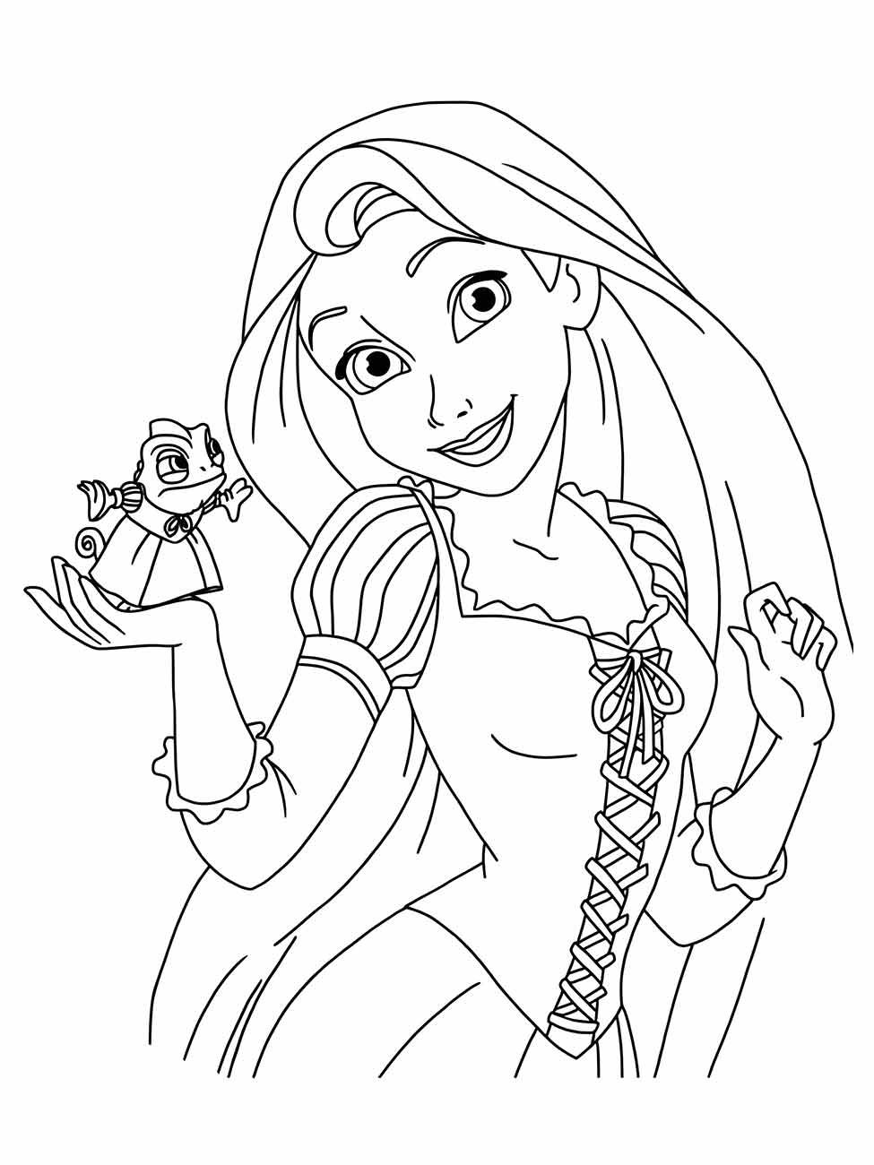 Desenho para colorir de Rapunzel sorrindo com um camaleão na mão e cabelos longos caindo sobre os ombros.