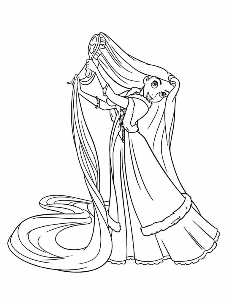 Desenho para colorir de Rapunzel escovando seu cabelo mágico.