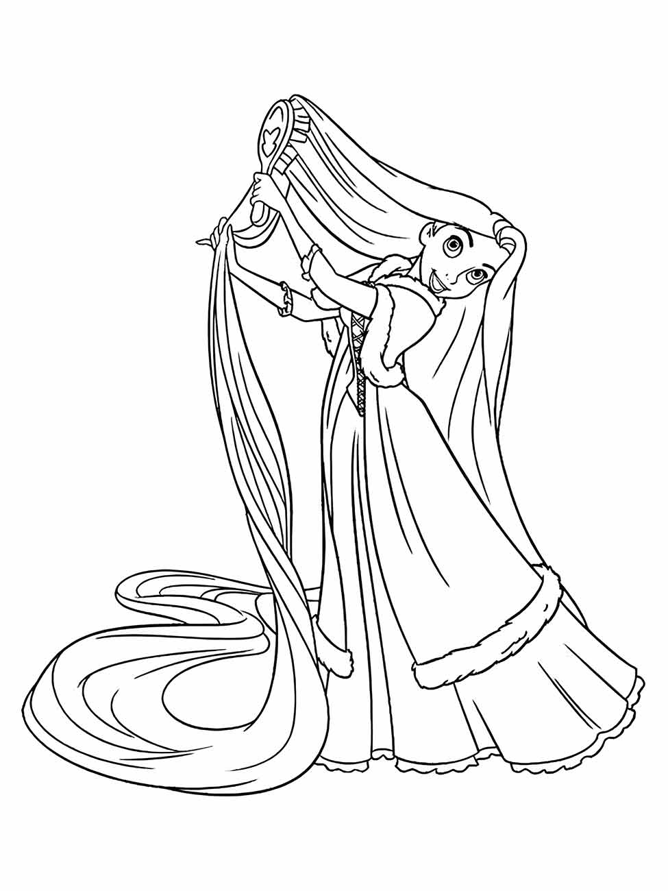 Desenho para colorir de Rapunzel escovando seu cabelo mágico.