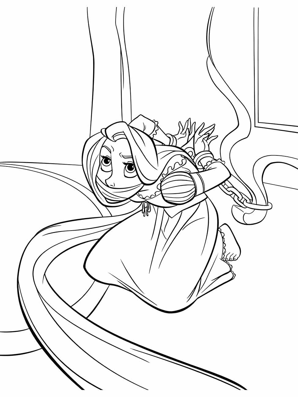 Desenho para colorir de Rapunzel com as mãos amarradas para trás por uma corrente.