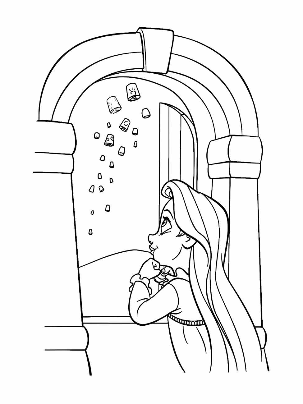 Desenho para colorir de Rapunzel olhando pela janela as lanternas flutuantes.