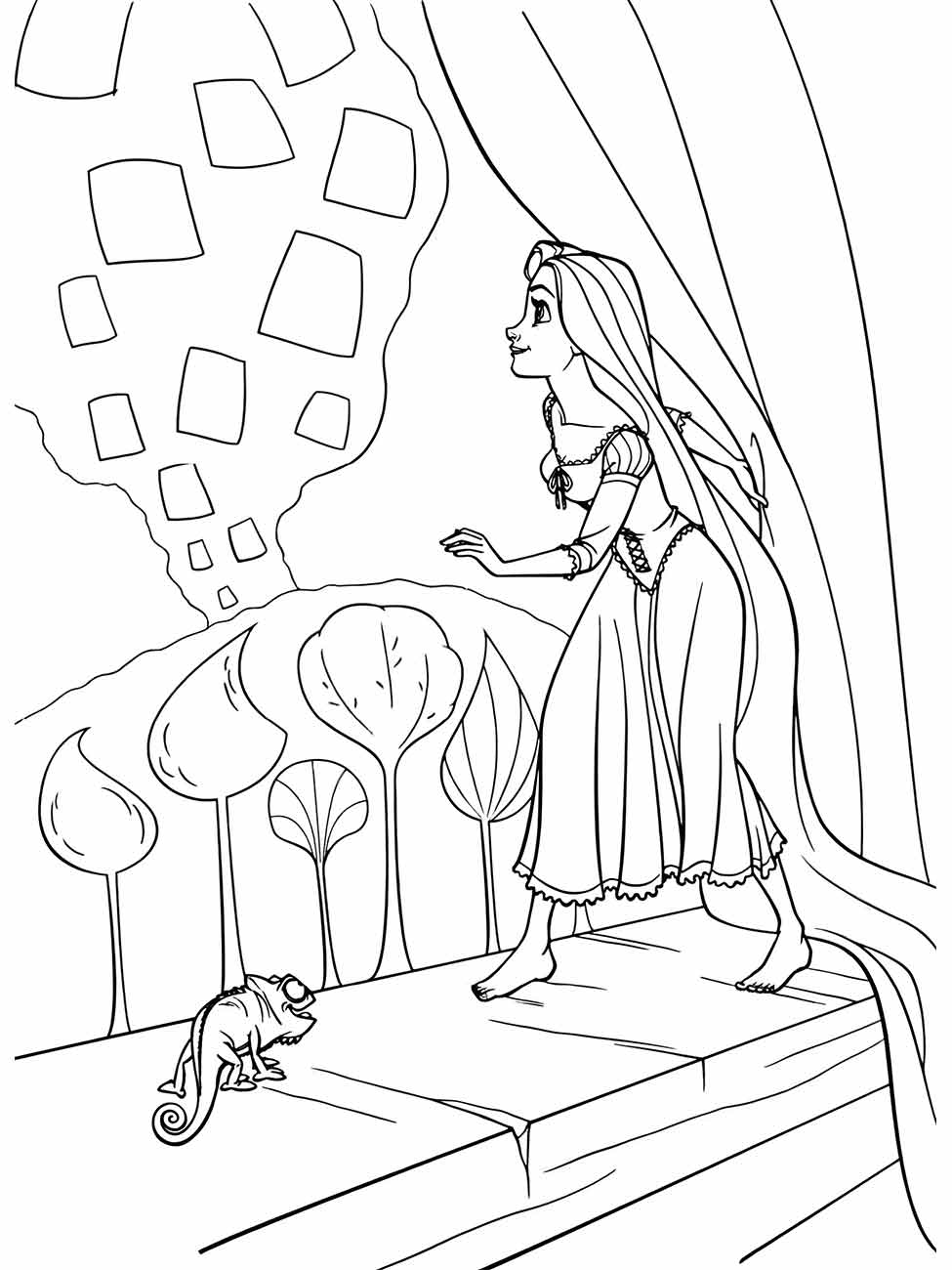 Desenho para colorir de Rapunzel e um camaleão olhando para uma árvore com lanternas.