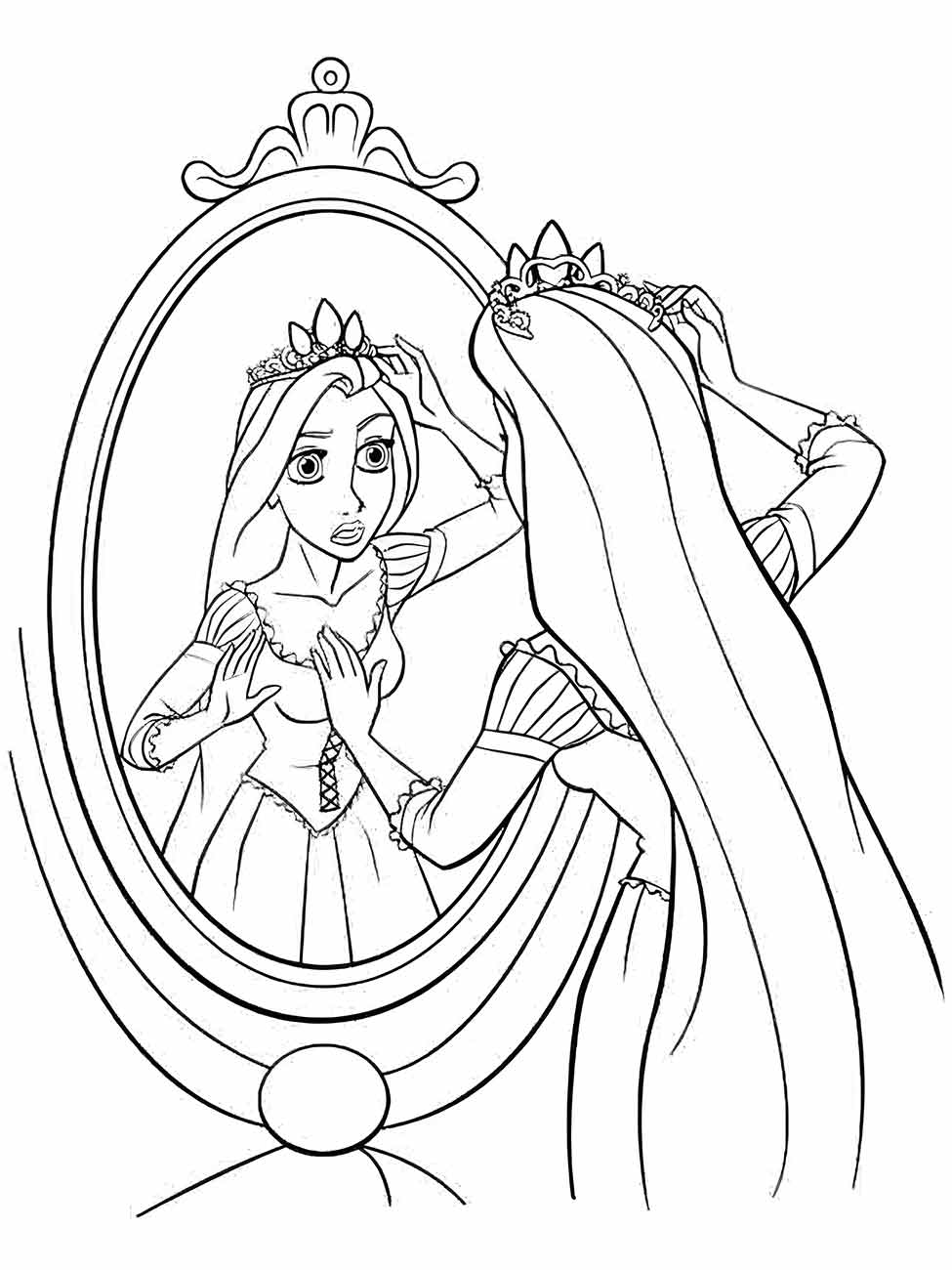 Desenho para colorir de Rapunzel se olhando no espelho ajustando sua tiara.