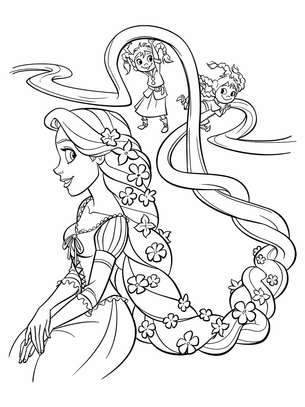 Desenho para colorir de Rapunzel sentada com flores em seus cabelos e personagens animados ao redor.