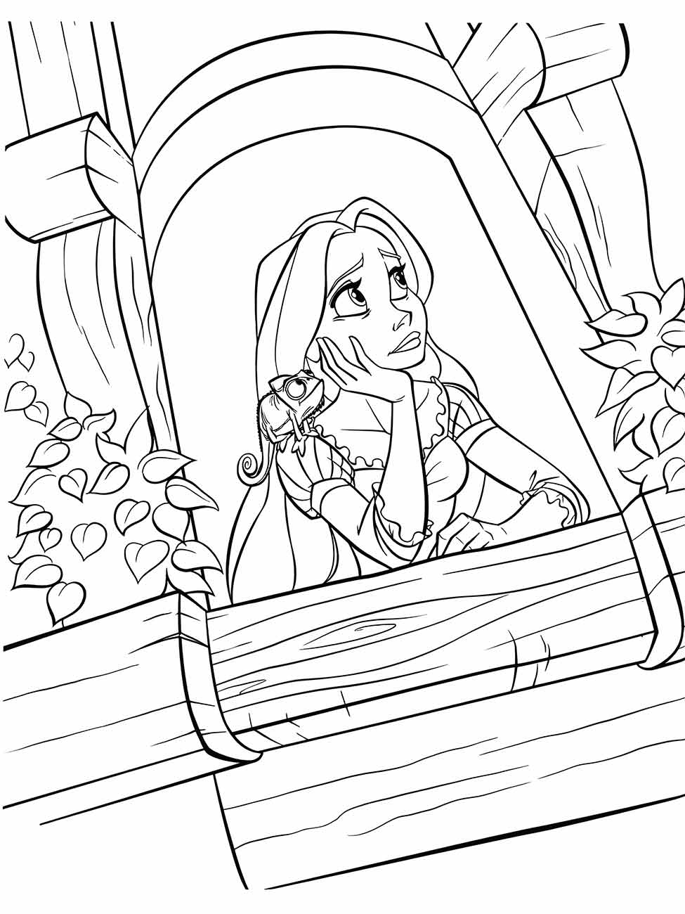 Desenho para colorir de Rapunzel pensativa na janela, com Pascal, o camaleão, em seu ombro.