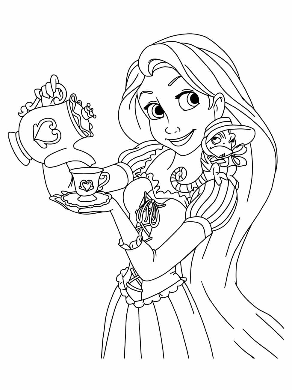 Desenho para colorir de Rapunzel sorrindo, segurando uma xícara de chá e um bule com Pascal, o camaleão.