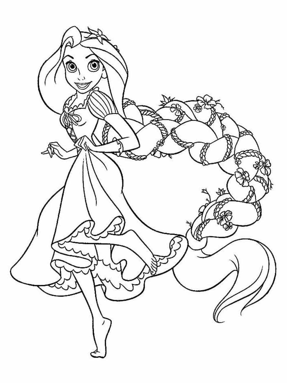 Desenho para colorir de Rapunzel andando com uma trança longa e decorada com flores.