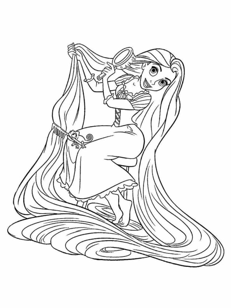 Desenho para colorir de Rapunzel e Pascal, o camaleão, penteando juntos o cabelo de Rapunzel.