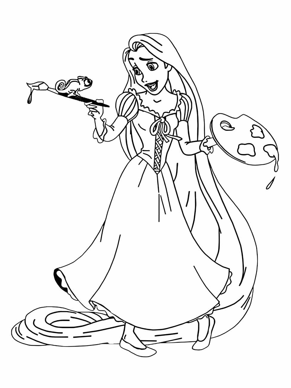 Desenho para colorir de Rapunzel pintando com Pascal.