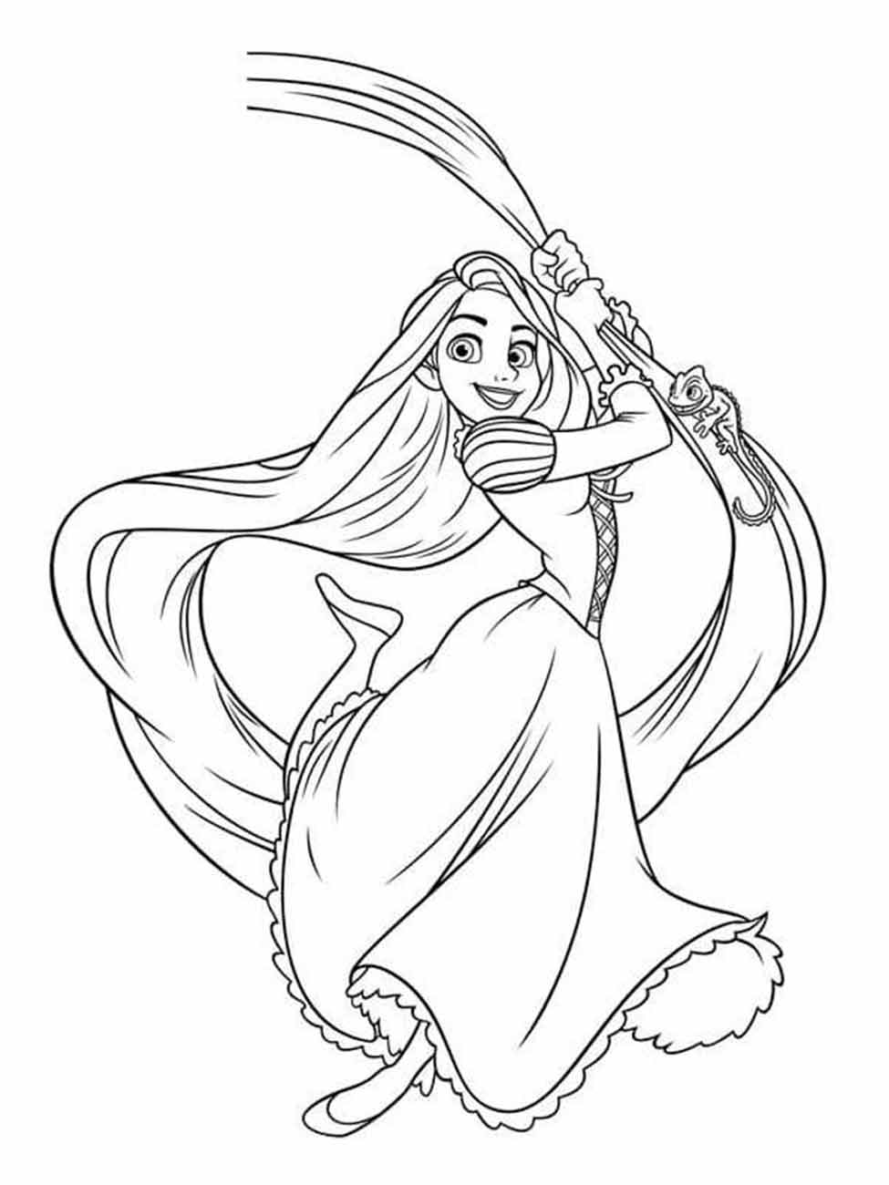 Desenho para colorir de Rapunzel alegremente balançando em sua trança com Pascal o camaleão agarrado.