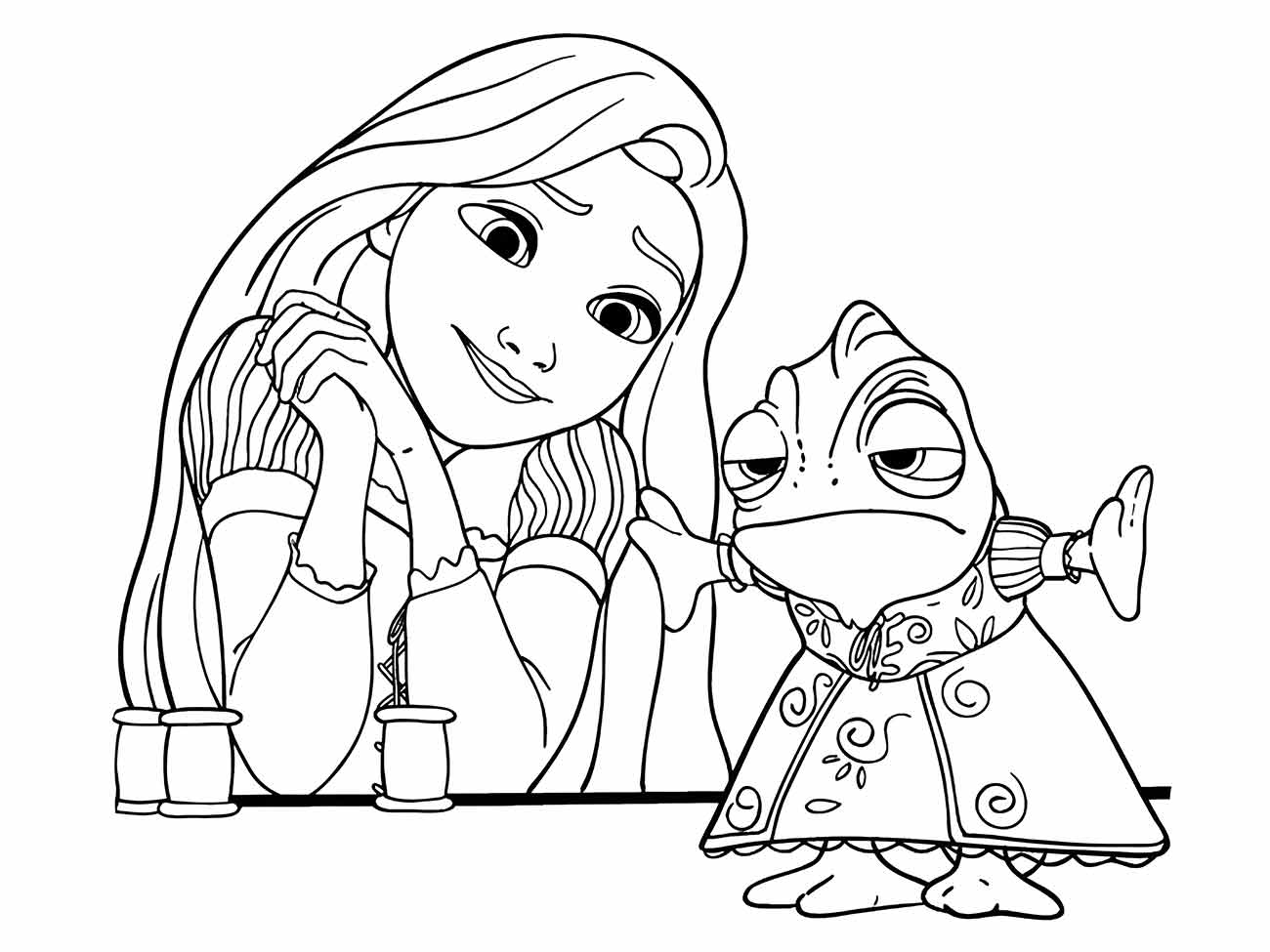 Desenho para pintar e colorir de Rapunzel e Pascal o camaleão